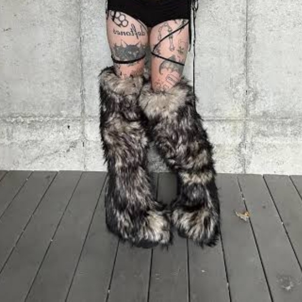 Dolls Kill Club Exx Wild Instincts Thigh High Platform Tan And Black Fur Boots